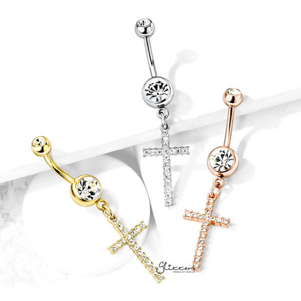 316L Surgical Steel Double Jeweled Belly Button Navel Ring with Dangle Crystal Paved Cross-Belly Ring, Body Piercing Jewellery-bj0309-02-Glitters