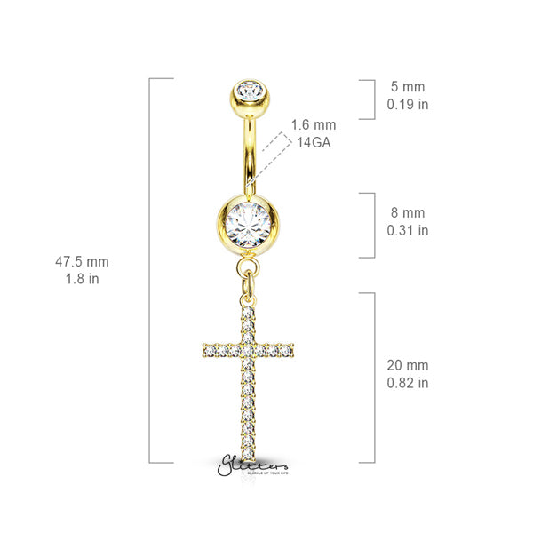 316L Surgical Steel Double Jeweled Belly Button Navel Ring with Dangle Crystal Paved Cross-Belly Ring, Body Piercing Jewellery-bj0309-03-Glitters