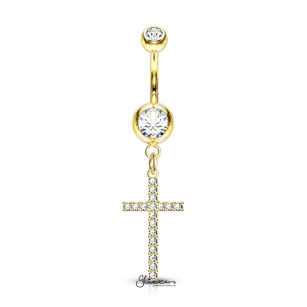 316L Surgical Steel Double Jeweled Belly Button Navel Ring with Dangle Crystal Paved Cross-Belly Ring, Body Piercing Jewellery-bj0309-g-Glitters