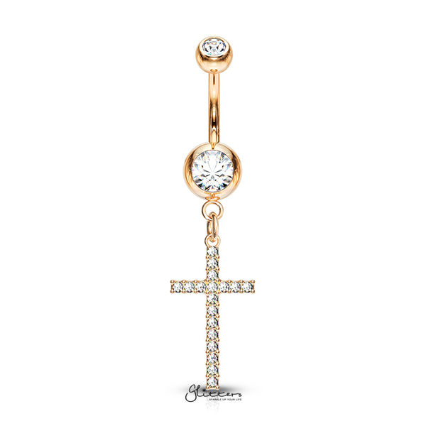 316L Surgical Steel Double Jeweled Belly Button Navel Ring with Dangle Crystal Paved Cross-Belly Ring, Body Piercing Jewellery-bj0309-rg-Glitters