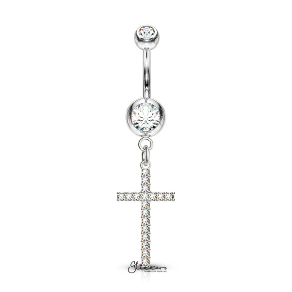 316L Surgical Steel Double Jeweled Belly Button Navel Ring with Dangle Crystal Paved Cross-Belly Ring, Body Piercing Jewellery-bj0309-s-Glitters
