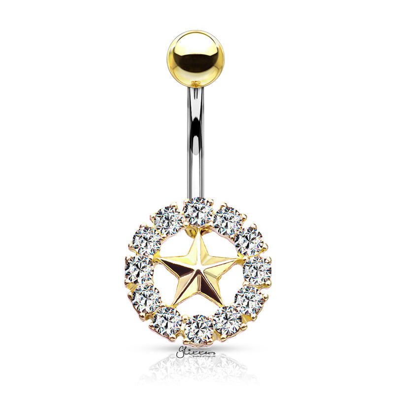 Star With Crystal Surroundings Belly Button Navel Ring - Gold-Belly Ring, Body Piercing Jewellery, Cubic Zirconia-bj0318-g-Glitters