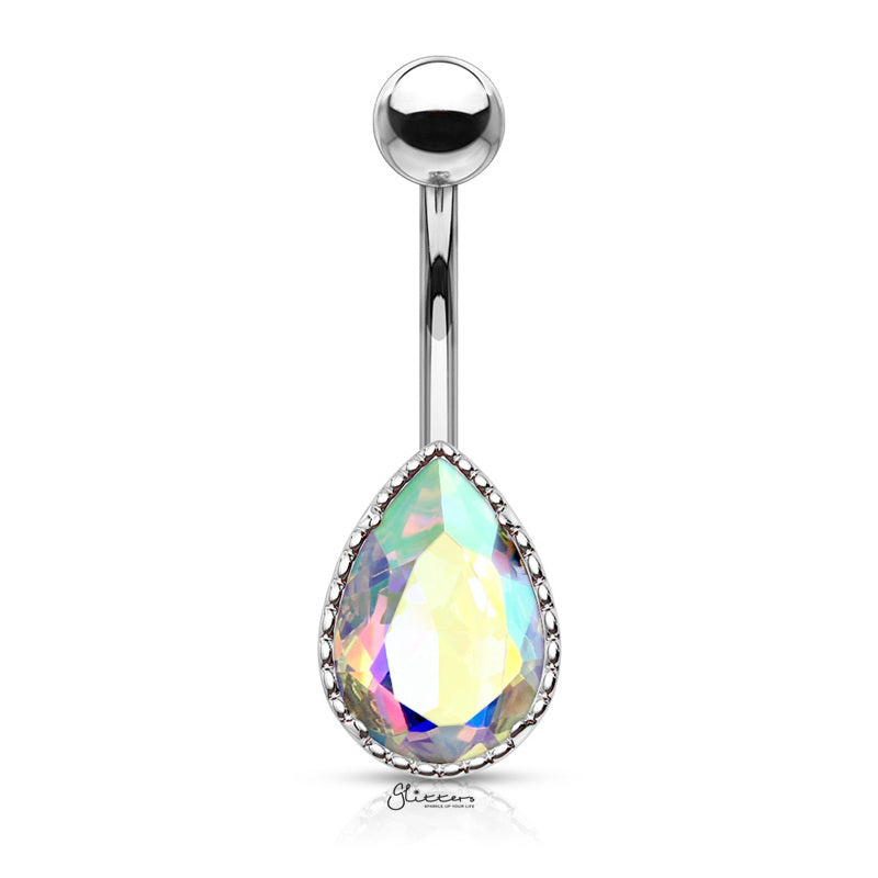 AB Effect Tear Drop Stone Belly Button Navel Ring - Aurora Borealis-Belly Ring, Body Piercing Jewellery, Cubic Zirconia-bj0321-ab-1-Glitters