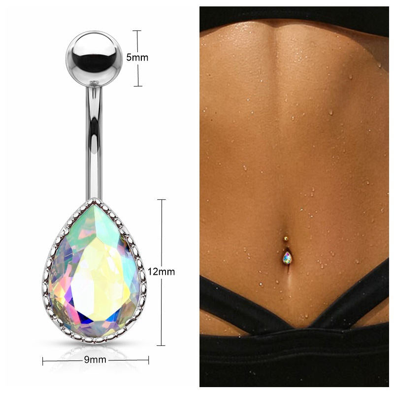 AB Effect Tear Drop Stone Belly Button Navel Ring - Aurora Borealis-Belly Ring, Body Piercing Jewellery, Cubic Zirconia-bj0321-ab-2_New-Glitters