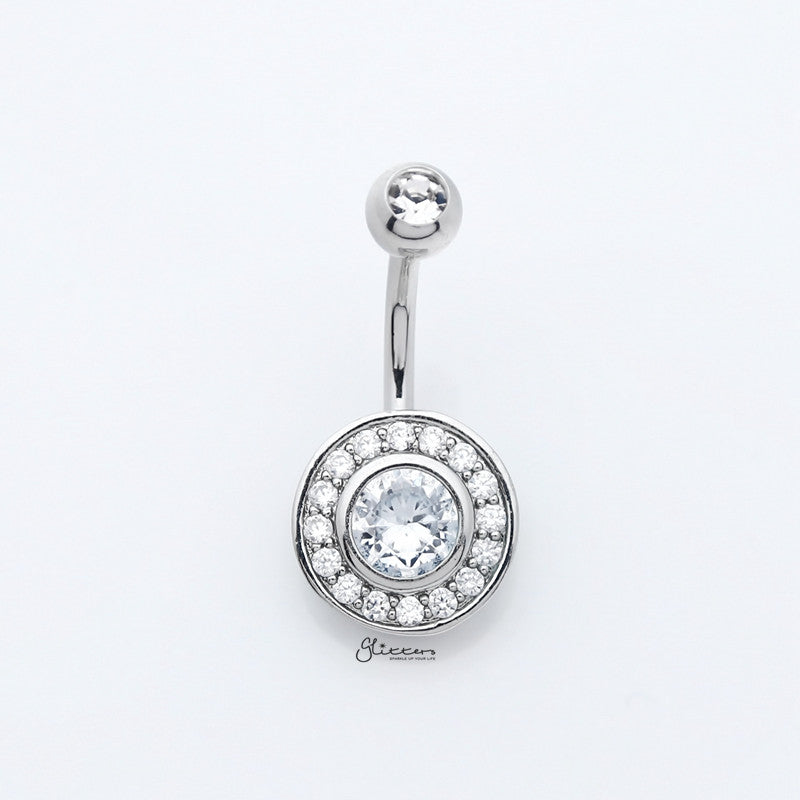 CZ Center Multi Gem Paved Circular Belly Button Navel Ring - Silver-Belly Ring, Body Piercing Jewellery, Cubic Zirconia-bj0340-s1_800-Glitters