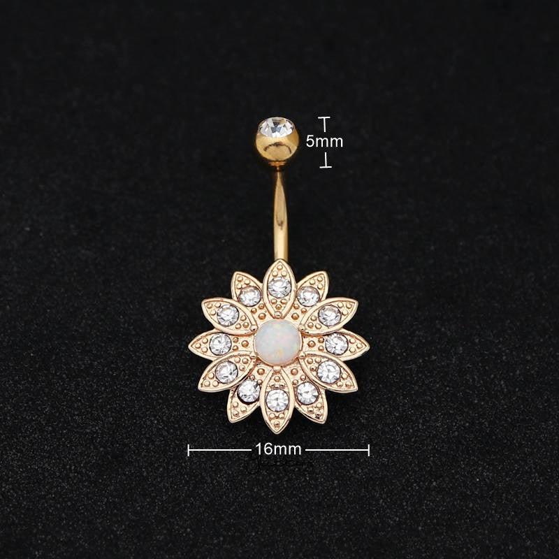 Crystal Paved Flower with Opal Center Belly Button Navel Ring - Gold-Belly Ring, Body Piercing Jewellery, Crystal-bj0341-g2_800_New-Glitters