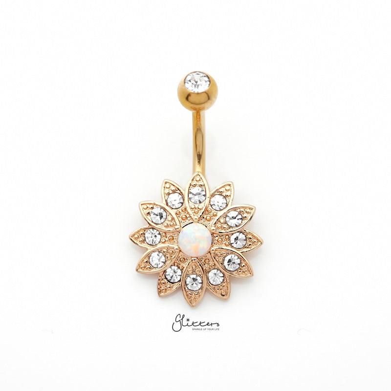 Crystal Paved Flower with Opal Center Belly Button Navel Ring - Gold-Belly Ring, Body Piercing Jewellery, Crystal-bj0341-g_800-Glitters