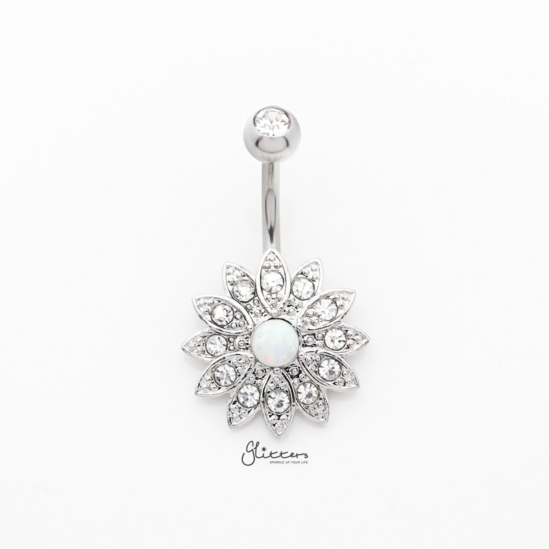 Crystal Paved Flower with Opal Center Belly Button Navel Ring - Silver-Belly Ring, Body Piercing Jewellery, Crystal-bj0341-s_800-Glitters