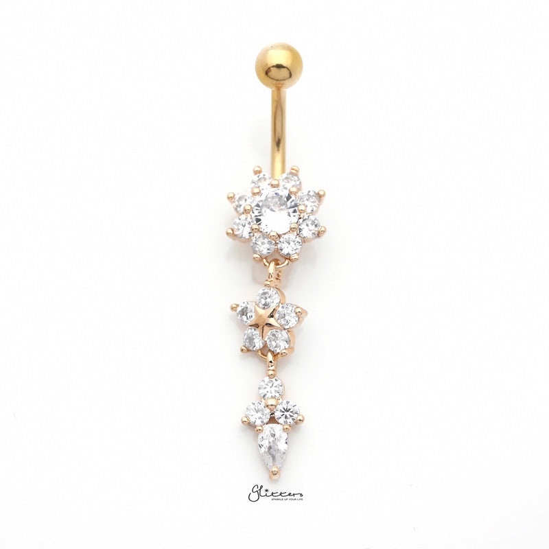 CZ Flowers Dangle Belly Button Navel Ring - Gold-Belly Ring, Body Piercing Jewellery, Cubic Zirconia-bj0342-g1_800-Glitters