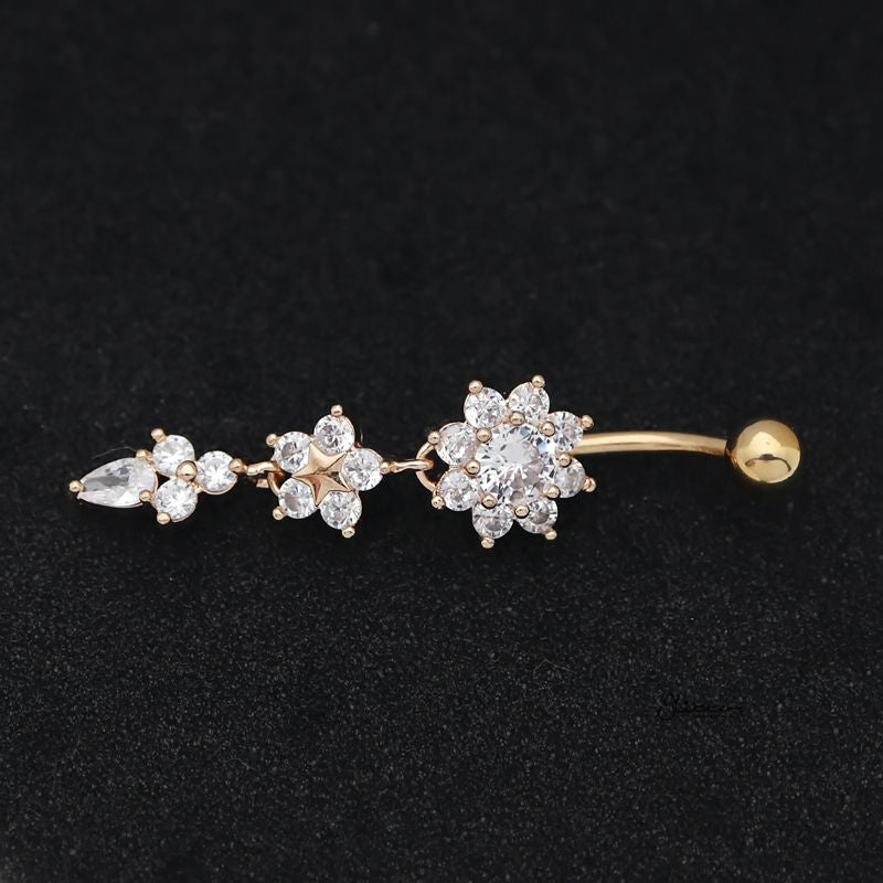 CZ Flowers Dangle Belly Button Navel Ring - Gold-Belly Ring, Body Piercing Jewellery, Cubic Zirconia-bj0342-g2_800-Glitters