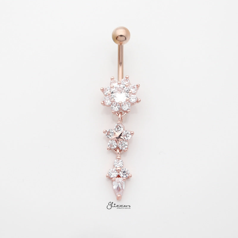 CZ Flowers Dangle Belly Button Navel Ring - Rose Gold-Belly Ring, Body Piercing Jewellery, Cubic Zirconia-bj0342-rg1_800-Glitters