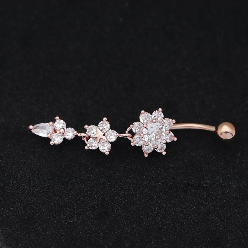 CZ Flowers Dangle Belly Button Navel Ring - Rose Gold-Belly Ring, Body Piercing Jewellery, Cubic Zirconia-bj0342-rg2_800-Glitters