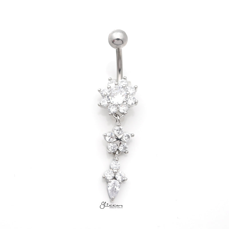 CZ Flowers Dangle Belly Button Navel Ring - Silver-Belly Ring, Body Piercing Jewellery, Cubic Zirconia-bj0342-s1_800-Glitters