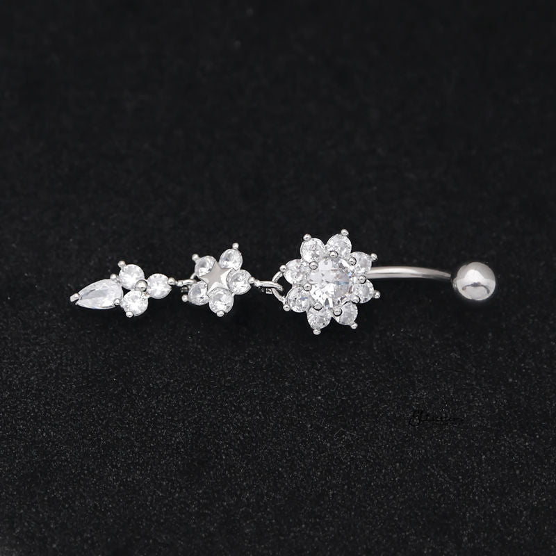 CZ Flowers Dangle Belly Button Navel Ring - Silver-Belly Ring, Body Piercing Jewellery, Cubic Zirconia-bj0342-s2_800-Glitters