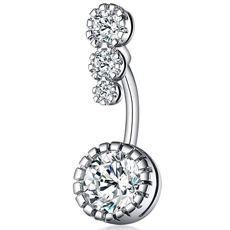 Triple Round CZ Top Belly Button Navel Ring - Silver-Belly Ring, Body Piercing Jewellery, Cubic Zirconia-bj0343-s_800-Glitters