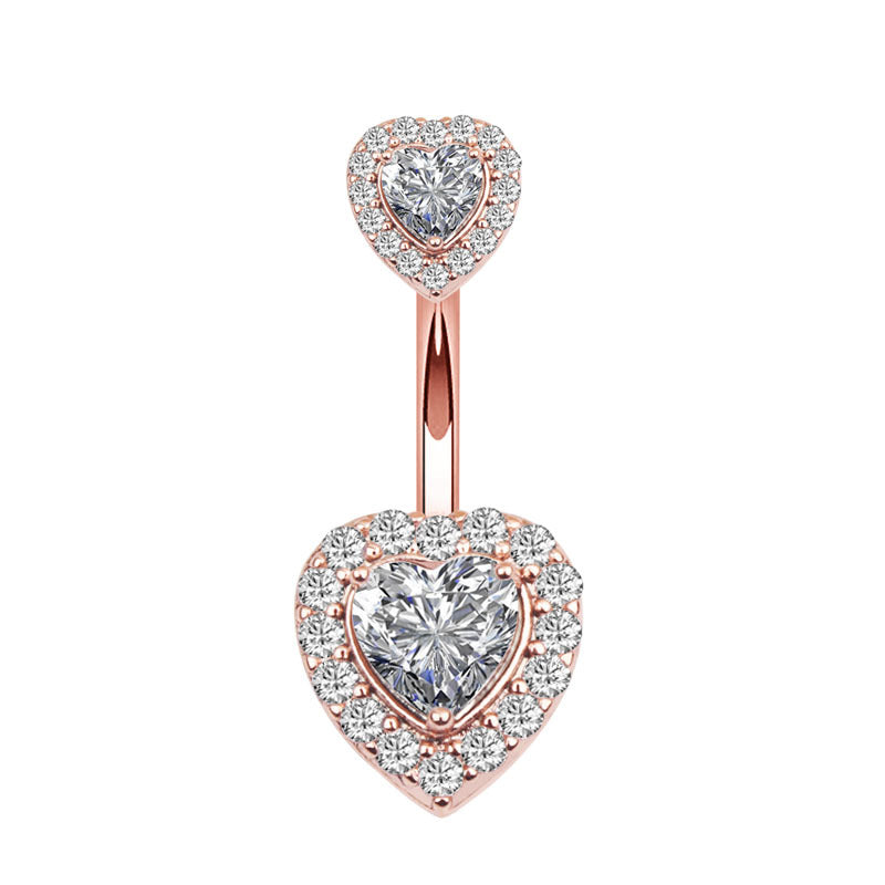 Heart CZ Belly Button Navel Ring - Rose Gold-Belly Ring, Body Piercing Jewellery, Cubic Zirconia-bj0344-rg-Glitters