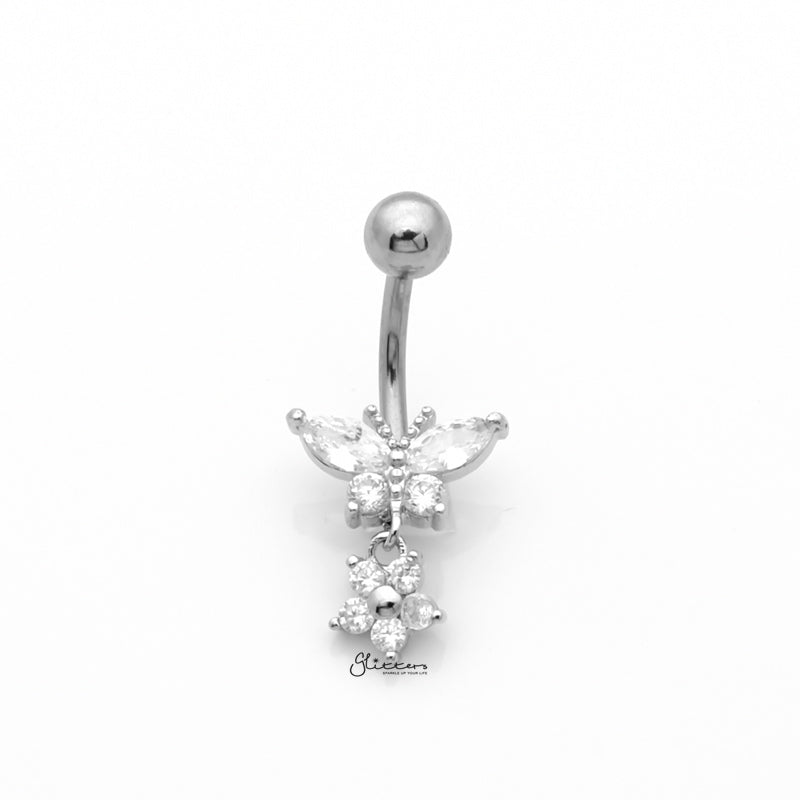 CZ Butterfly with Dangle Flower Belly Button Navel Ring - Silver-Belly Ring, Body Piercing Jewellery, Cubic Zirconia-bj0350-s_1-Glitters