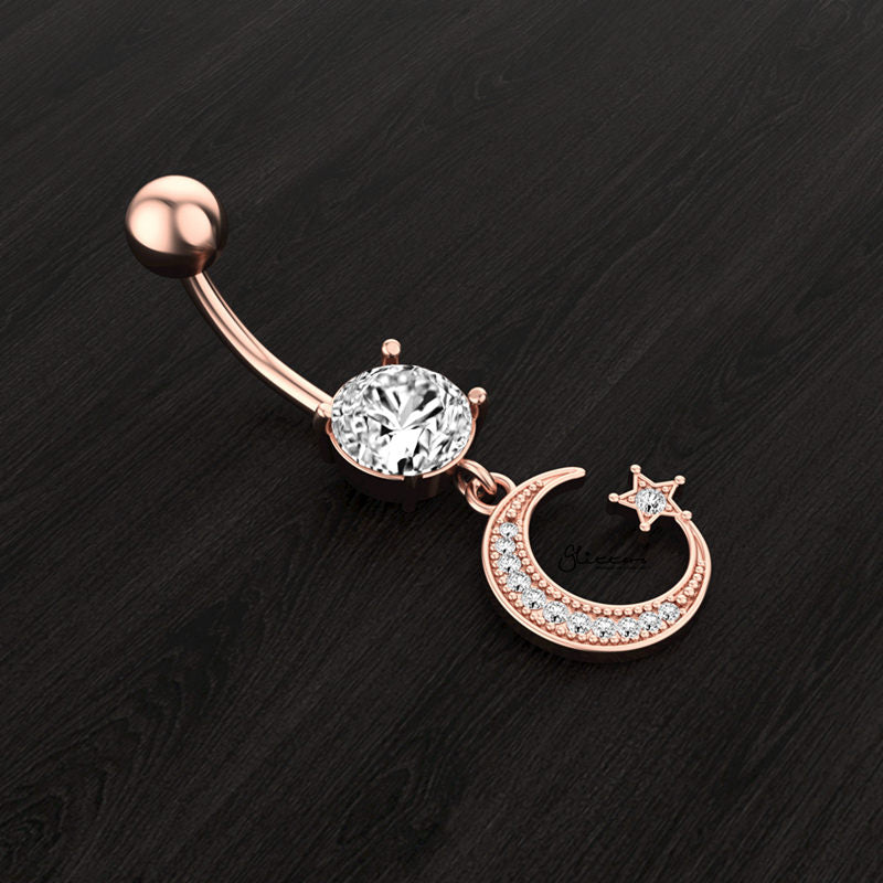Moon and Star Dangle Belly Button Navel Ring - Rose Gold-Belly Ring, Body Piercing Jewellery, Cubic Zirconia-bj0351-1_1__1-Glitters