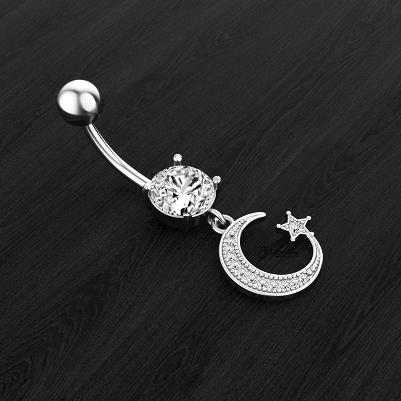 Moon and Star Dangle Belly Button Navel Ring - Silver-Belly Ring, Body Piercing Jewellery, Cubic Zirconia-bj0351-1_2__1-Glitters