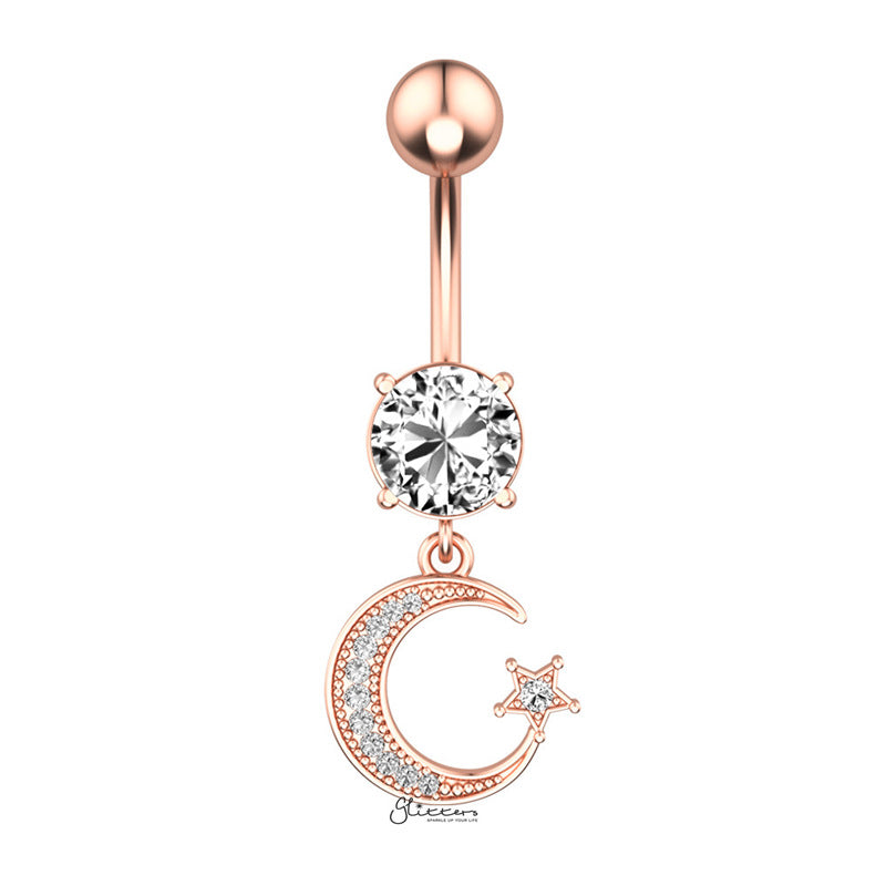 Moon and Star Dangle Belly Button Navel Ring - Rose Gold-Belly Ring, Body Piercing Jewellery, Cubic Zirconia-bj0351_1__1-Glitters