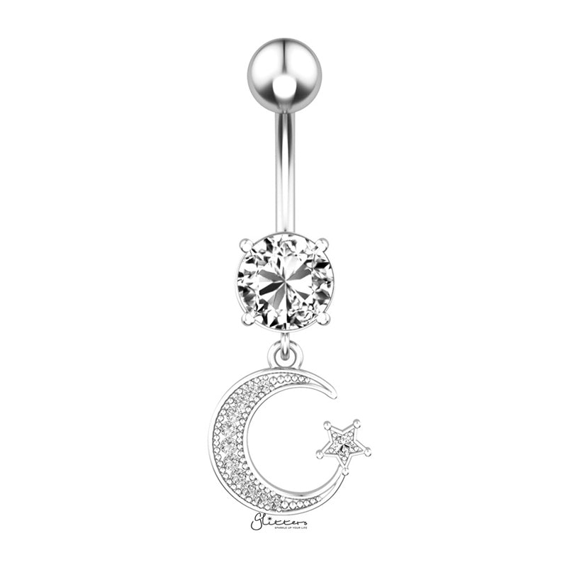 Moon and Star Dangle Belly Button Navel Ring - Silver-Belly Ring, Body Piercing Jewellery, Cubic Zirconia-bj0351_2__1-Glitters