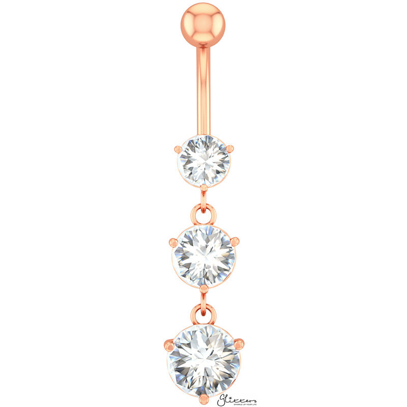 Triple Round CZ Belly Button Navel Ring - Rose Gold-Belly Ring, Body Piercing Jewellery, Cubic Zirconia-bj0352_3__1-Glitters