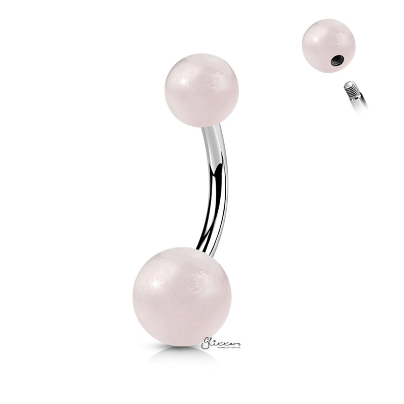Rose Quartz Stone Balls Belly Button Ring-Belly Ring, Body Piercing Jewellery-bj0353P-Glitters