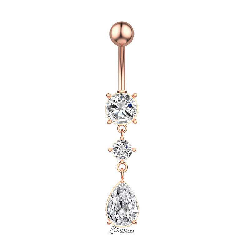 Teardrop CZ Dangle Belly Button Navel Ring - Rose Gold-Belly Ring, Body Piercing Jewellery, Cubic Zirconia-bj0355-rg1_800-Glitters