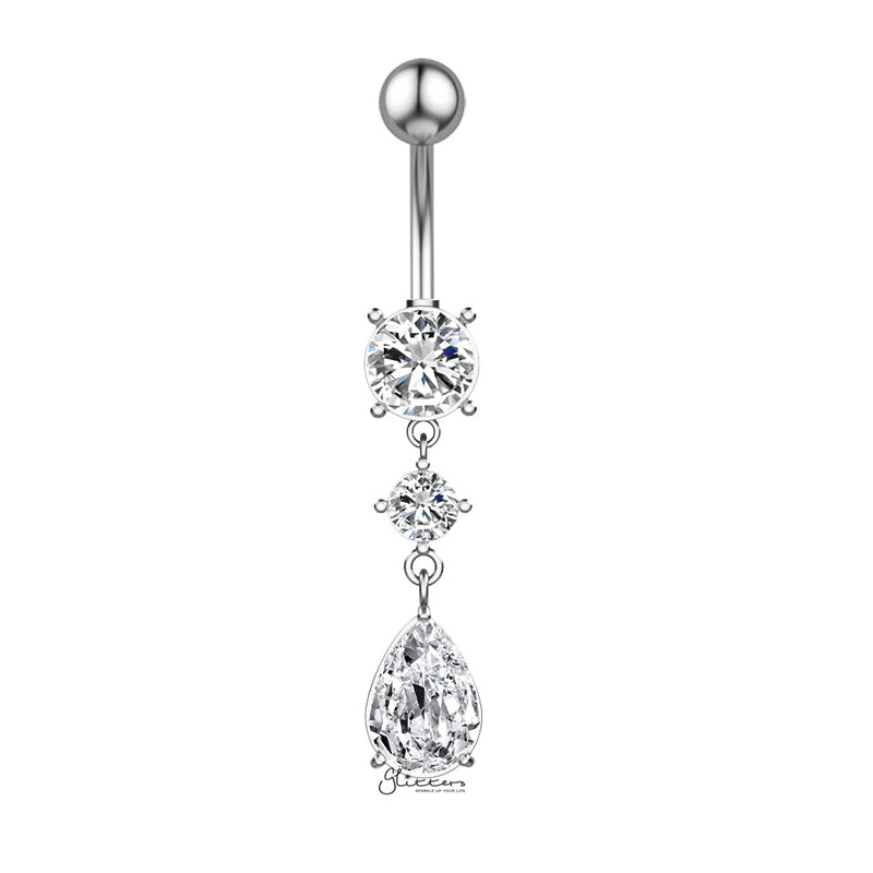 Teardrop CZ Dangle Belly Button Navel Ring - Silver-Belly Ring, Body Piercing Jewellery, Cubic Zirconia-bj0355-s1_800-Glitters