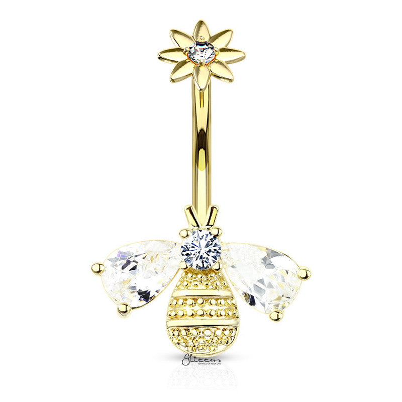 Bee Belly Button Navel Ring - Gold-Belly Ring, Body Piercing Jewellery, Cubic Zirconia-bj0357-g1_800-Glitters