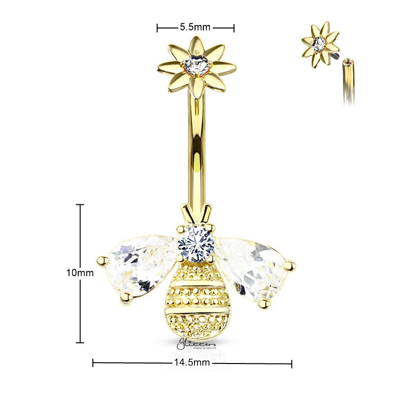 Bee Belly Button Navel Ring - Gold-Belly Ring, Body Piercing Jewellery, Cubic Zirconia-bj0357-g2_New-Glitters