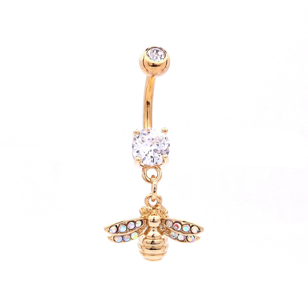 Bee Dangle Belly Button Navel Ring - Gold-Belly Ring, Body Piercing Jewellery, Cubic Zirconia, New-bj0360-g1_1-Glitters