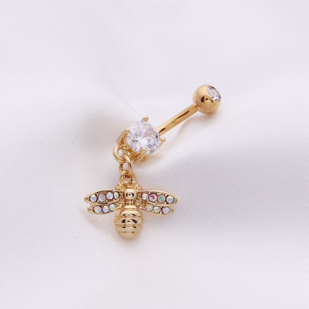 Bee Dangle Belly Button Navel Ring - Gold-Belly Ring, Body Piercing Jewellery, Cubic Zirconia, New-bj0360-g2_1-Glitters