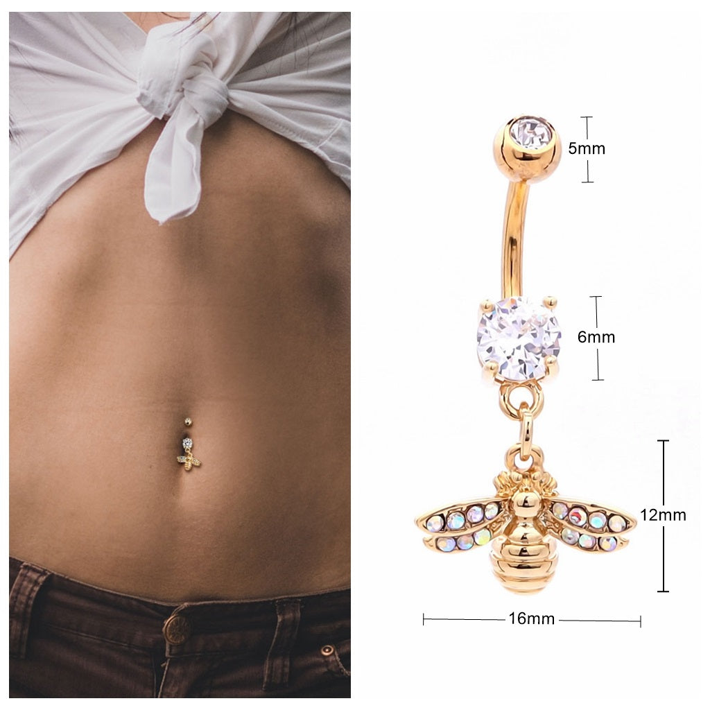 Bee Dangle Belly Button Navel Ring - Gold-Belly Ring, Body Piercing Jewellery, Cubic Zirconia, New-bj0360-g4_New-Glitters