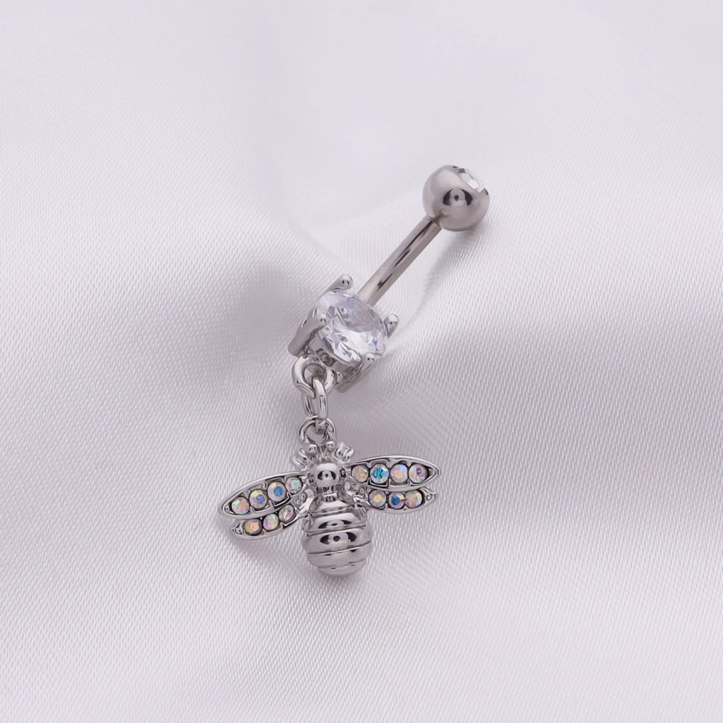 Bee Dangle Belly Button Navel Ring - Silver-Belly Ring, Body Piercing Jewellery, Cubic Zirconia, New-bj0360-s2_1-Glitters