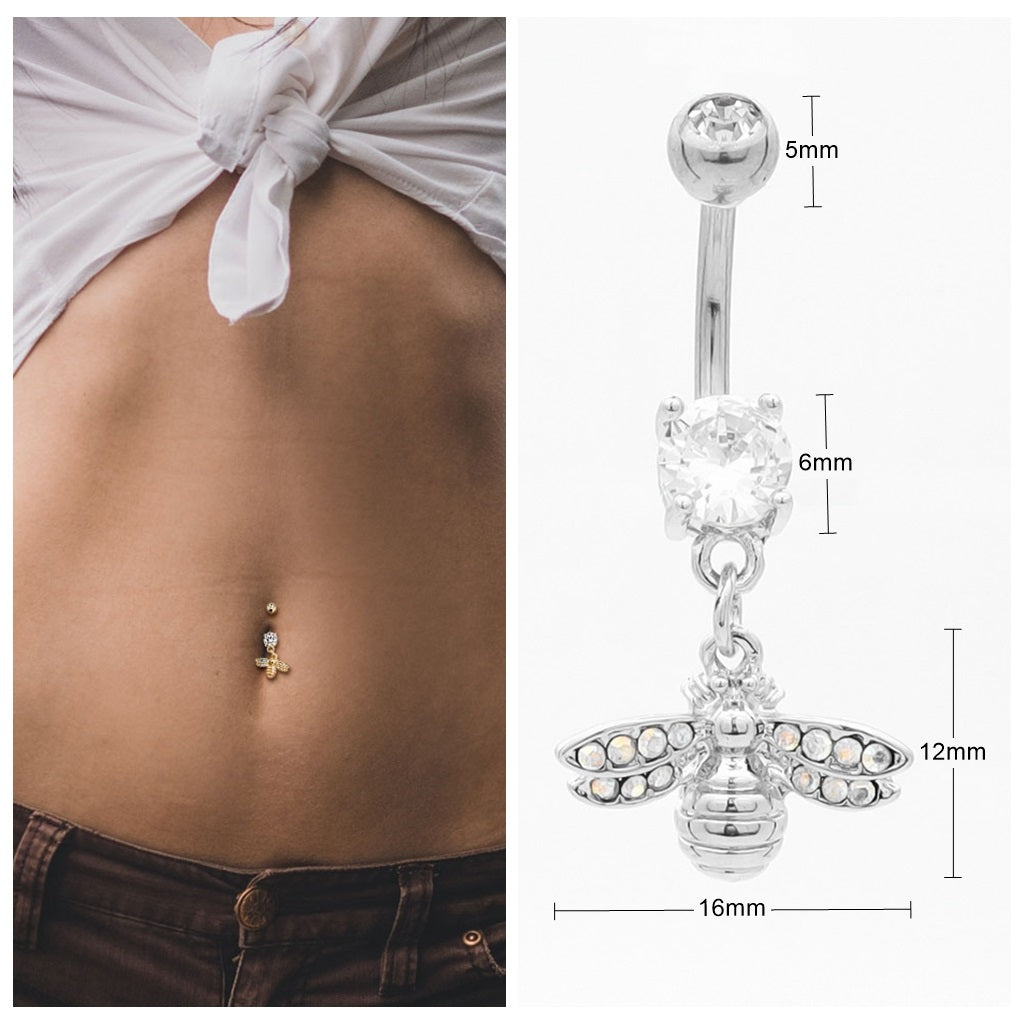 Bee Dangle Belly Button Navel Ring - Silver-Belly Ring, Body Piercing Jewellery, Cubic Zirconia, New-bj0360-s4_New-Glitters