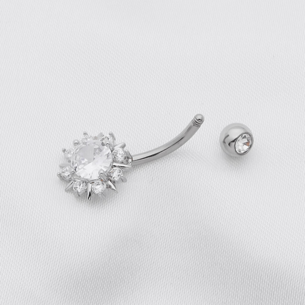 Round CZ Sunburst Belly Button Ring - Silver-Belly Ring, Body Piercing Jewellery, Cubic Zirconia, New-bj0363-s4_1-Glitters