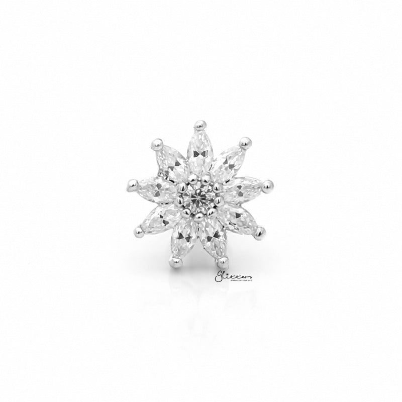 C.Z Pave Flower Cartilage Tragus Piercing Earring - Silver-Body Piercing Jewellery, Cartilage, Cubic Zirconia, earrings, Jewellery, Tragus, Women's Earrings, Women's Jewellery-czflowertragus-01-Glitters