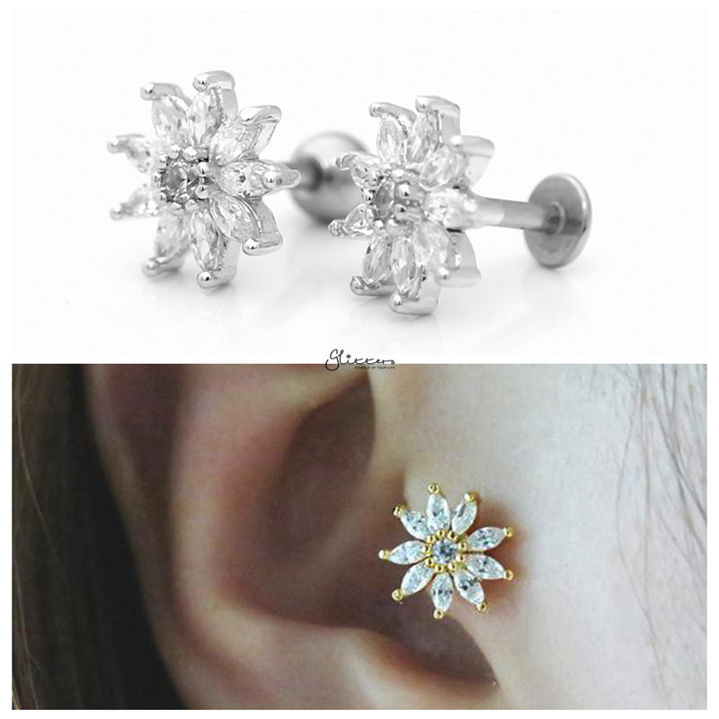 C.Z Pave Flower Cartilage Tragus Piercing Earring - Silver-Body Piercing Jewellery, Cartilage, Cubic Zirconia, earrings, Jewellery, Tragus, Women's Earrings, Women's Jewellery-czflowertragus-02-Glitters