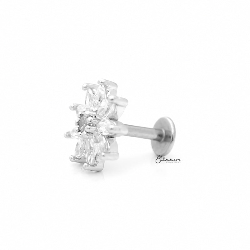 C.Z Pave Flower Cartilage Tragus Piercing Earring - Silver-Body Piercing Jewellery, Cartilage, Cubic Zirconia, earrings, Jewellery, Tragus, Women's Earrings, Women's Jewellery-czflowertragus-Flat-Glitters