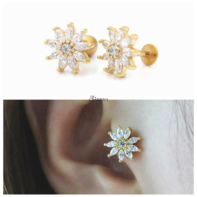 C.Z Pave Flower Cartilage Tragus Piercing Earring - Gold-Body Piercing Jewellery, Cartilage, Cubic Zirconia, earrings, Jewellery, Tragus, Women's Earrings, Women's Jewellery-czflowertragus-G02-Glitters
