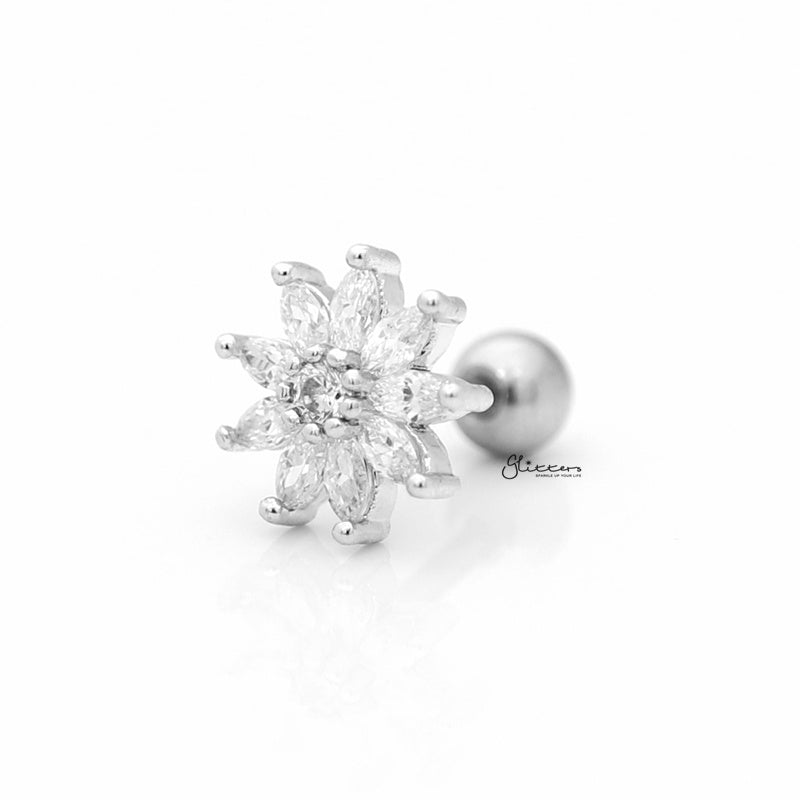 C.Z Pave Flower Cartilage Tragus Piercing Earring - Silver-Body Piercing Jewellery, Cartilage, Cubic Zirconia, earrings, Jewellery, Tragus, Women's Earrings, Women's Jewellery-czflowertragus-ball-Glitters