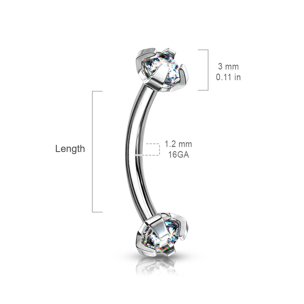 316L Surgical Steel Prong Set Clear CZ Internally Threaded Eyebrow Curve Rings-Body Piercing Jewellery, Cartilage, Cubic Zirconia, Eyebrow, Tragus-eb0013size-Glitters