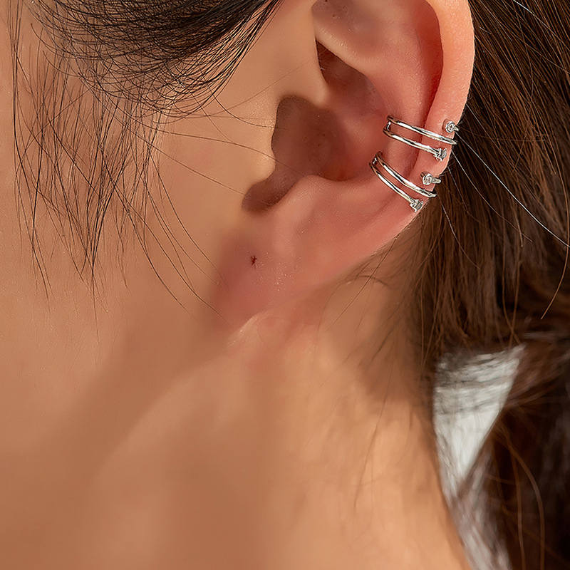 3 Lines Ear Cuff with Star and CZ - Silver-Body Piercing Jewellery, Cubic Zirconia, Ear Cuffs, earrings, Jewellery, Non-Pierced, Women's Earrings, Women's Jewellery-ec0094-sm-Glitters