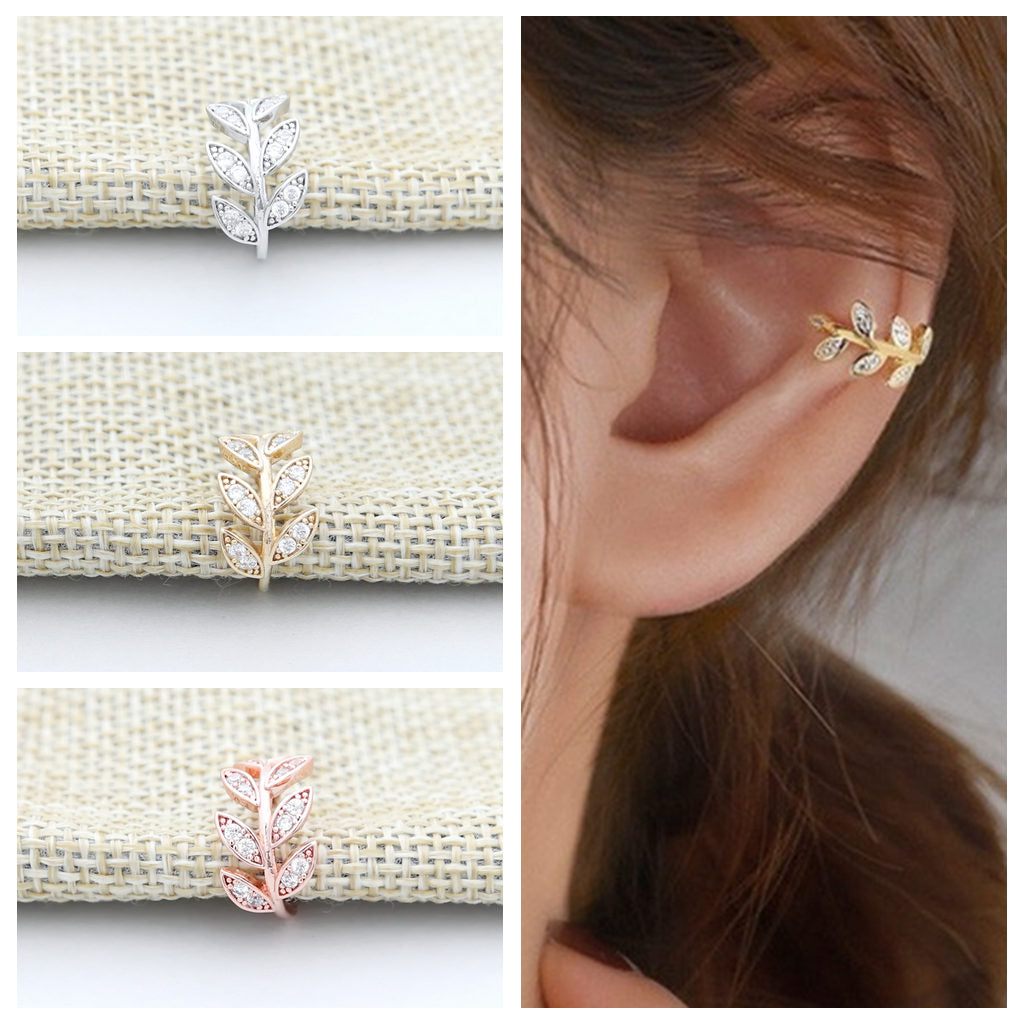 CZ Leaf Ear Cuff - Silver-Body Piercing Jewellery, Cubic Zirconia, Ear Cuffs, earrings, Jewellery, Non-Pierced, Women's Earrings, Women's Jewellery-ec0100-m-Glitters
