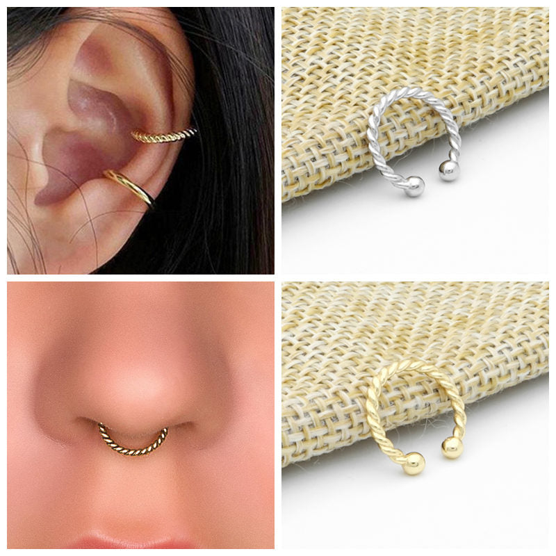 Non Pierced Sterling Silver Twisted Rope Conch Ear Cuff - Silver-Body Piercing Jewellery, Conch Earrings, Ear Cuffs, earrings, Jewellery, Non-Pierced, Septum Ring, Women's Earrings, Women's Jewellery-ec0110-M-Glitters