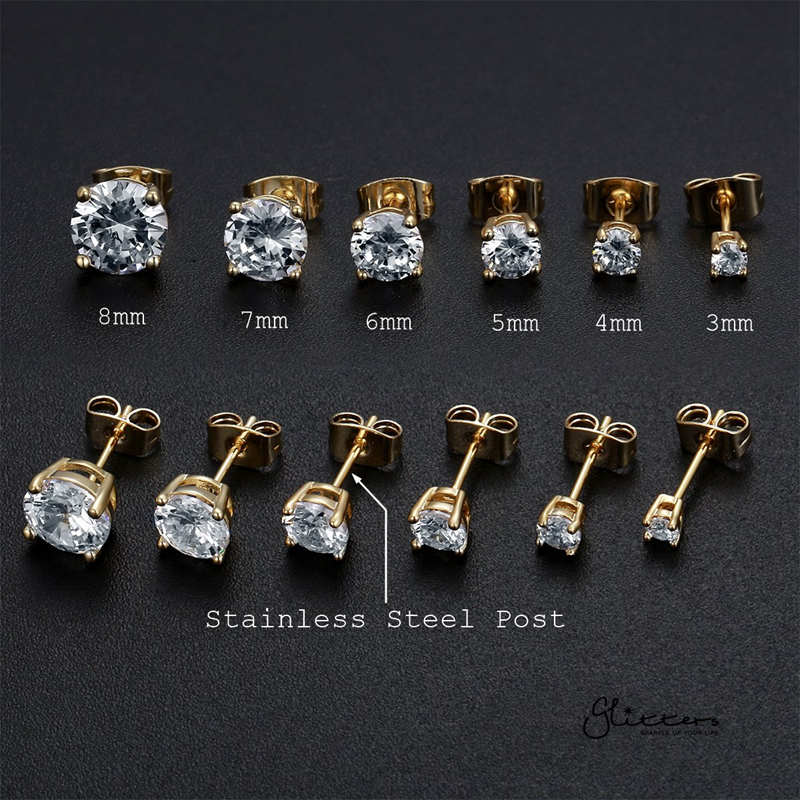 Orecchini A Perno In Zirconia Cubica Placcato Oro 18k - 2 Paia Rotondi E Quadrati, Ipoallergenici Acciaio 316L