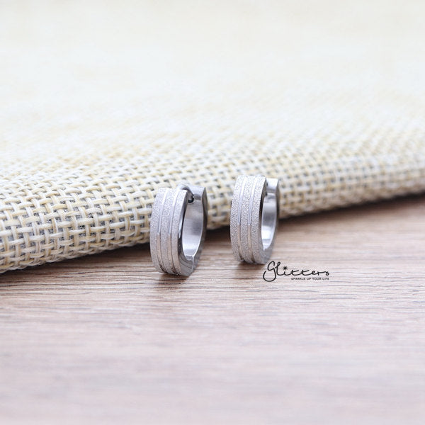 Stainless Steel Sand Sparkle Hinged Earrings with Grooves Lines Center - 4x9-earrings, Hoop Earrings, Huggie Earrings, Jewellery, Men's Earrings, Men's Jewellery, Stainless Steel, Women's Earrings, Women's Jewellery-er0122-02-2-Glitters