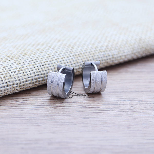 Stainless Steel Sand Sparkle Hinged Earrings with Grooves Lines Center - 7x9-earrings, Hoop Earrings, Huggie Earrings, Jewellery, Men's Earrings, Men's Jewellery, Stainless Steel, Women's Earrings, Women's Jewellery-er0122-03S-Glitters