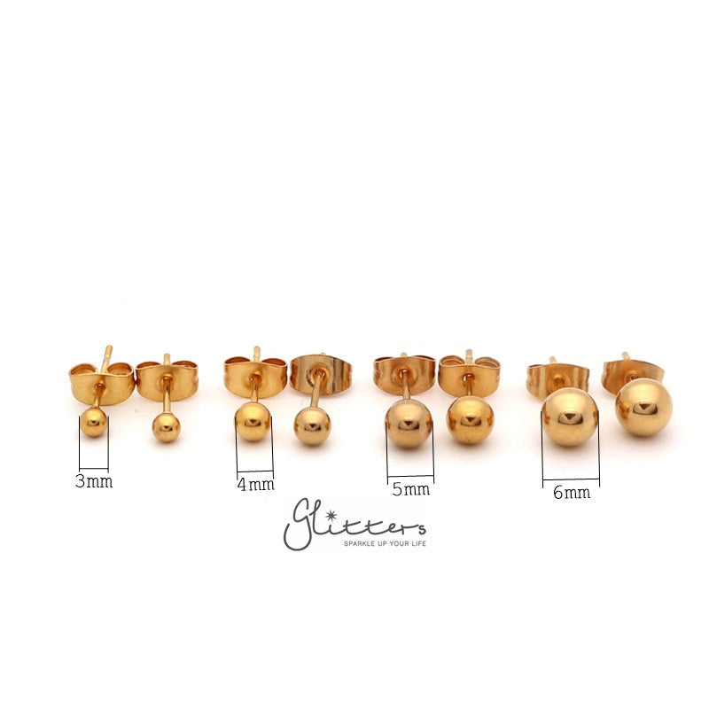 18K Gold I.P Stainless Steel Round Ball Stud Earrings-3mm | 4mm | 5mm | 6mm-earrings, Jewellery, Men's Earrings, Men's Jewellery, Stainless Steel, Stud Earrings, Women's Earrings-er14301_New-Glitters